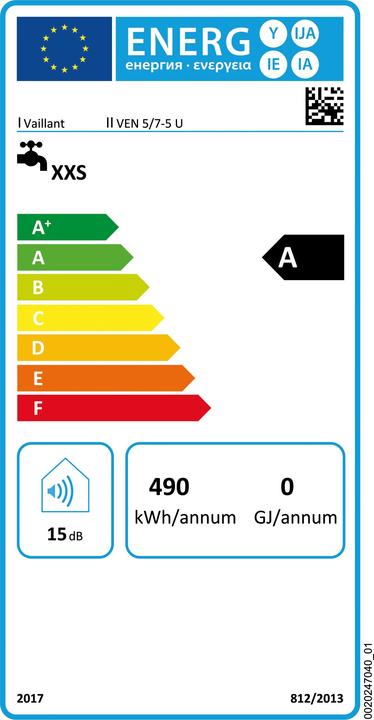 Etichetta energetica Vaillant VEN 5/7-7 U plus 0010021141 Serbatoio acqua calda + rubinetto 302595 (EEK: A)