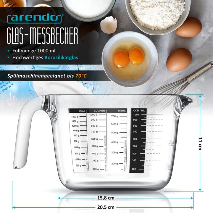 Actual product image Arendo Measuring jug glass 1 litre, borosilicate glass, heat-resistant, microwave-safe, precise scale (1000 ml)