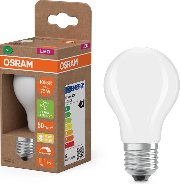 Immagine prodotto Osram LED-Lampe Classic, dimmbar, E27, 5 W, 2700 K, EEK: A, 1055 lm, warmweiss (E27, 5 W, 1055 lm, 6 x, A)