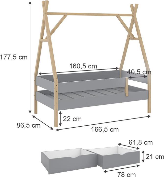 Image du produit VitaliSpa Lit Tipi Bali, Gris, 80x160 cm avec 2 tiroirs et matelas (80 x 160 cm)