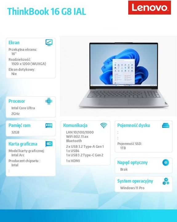 Actual product image Lenovo ThinkBook 16 Gen 8 (16", 1000 GB, 32 GB, Eng. Int., Intel Core Ultra 7 255H)
