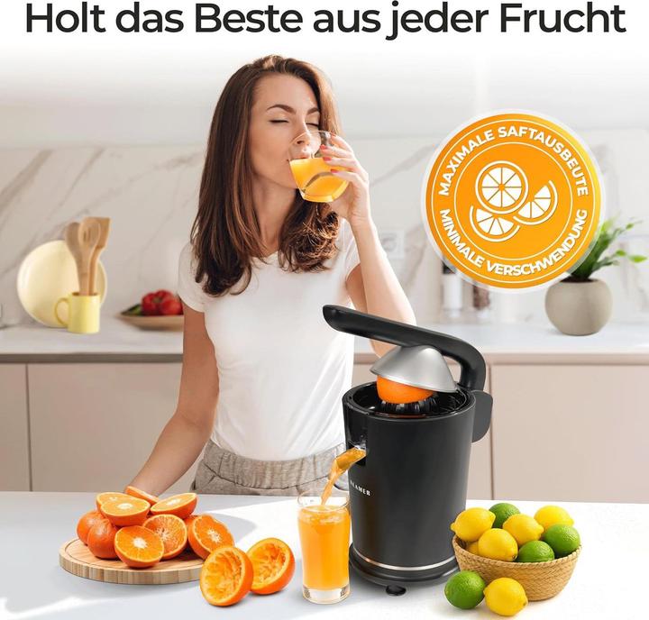 Produktbild KLAMER Saftpresse elektrisch mit zwei Presskegeln – Zitruspresse für Orangen, Zitronen, Limette…