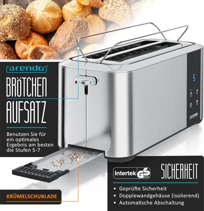 Produktbild Arendo Langschlitz-Toaster Aurora mit Touchscreen und Brötchenaufsatz