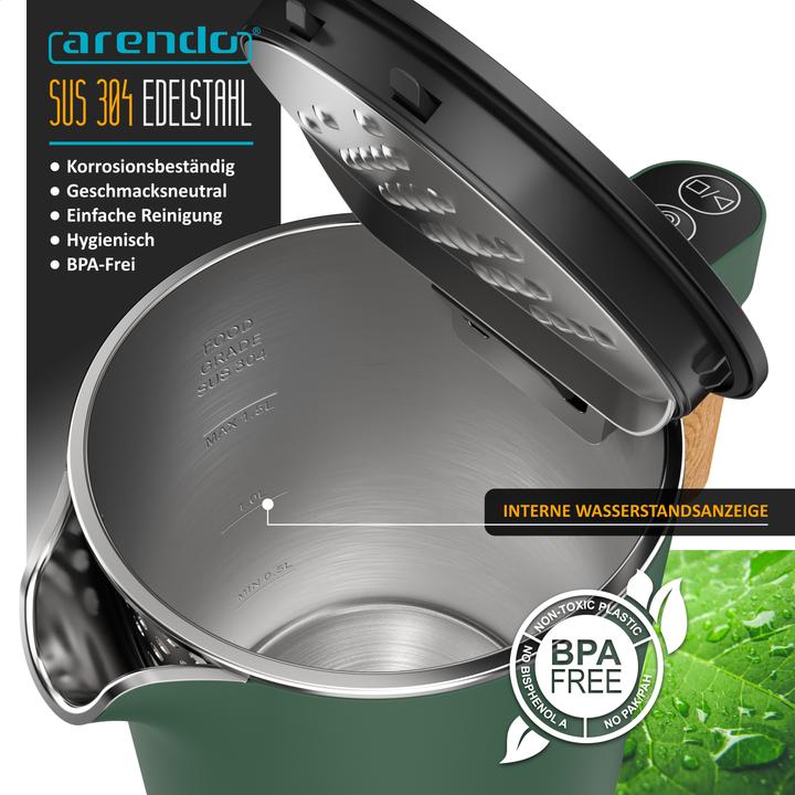 Produktbild Arendo Wasserkocher mit Temperatureinstellung 40–100 °C, Edelstahl, 1,5 L, Doppelwand, Anzeige, 2200 W (1.50 l)