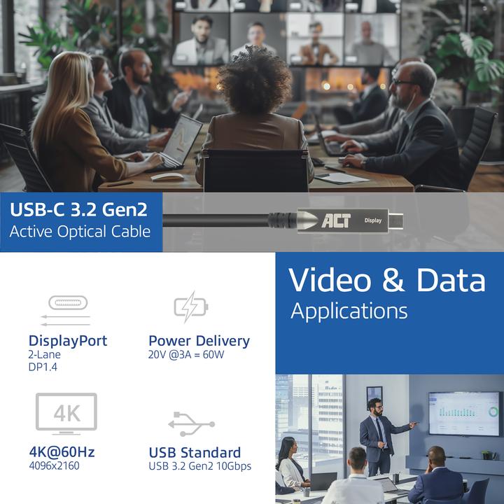 Actual product image USB-C 3.2 Gen2 Active Optical Cable (AOC), for touch panels, video, data, power, 7.5m (7.50 m, USB 3.2 Gen 2)