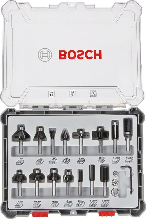 Image du produit Bosch Professional Zubehör Jeu de 15 fraises, tige de 1/4 de pouce pour fraiseuses à main