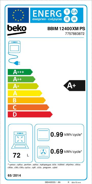 Label énergétique Beko Pyrolytherd BBIM12400XMPS 72 L