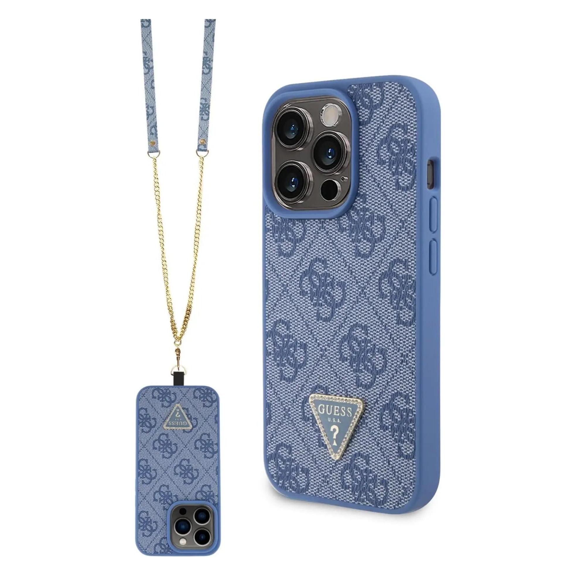 Guess GUHCP15LP4TDSCPB IPhone 15 Pro 6.1" Niebieski/blue Hardcase Crossbody 4G Metal Logo (Apple IPhone 15 Pro), Smartphone Hülle, Blau