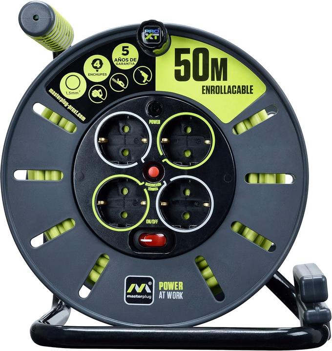 Actual product image Masterplug Pro-XT Cable Reel, 50 m, Extension 4 Schuko, Extension Cable, 3000 W, Grey/Green (50 m, 1.50 mm²)