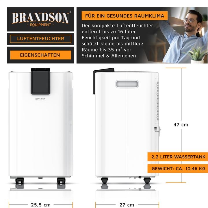 Produktbild Brandson Luftentfeuchter, 16 L/24h, Raumentfeuchter, 35 m², Automatik, Timer, Entfeuchtung Tank 2,2 L (35 m², 16 l/24h)