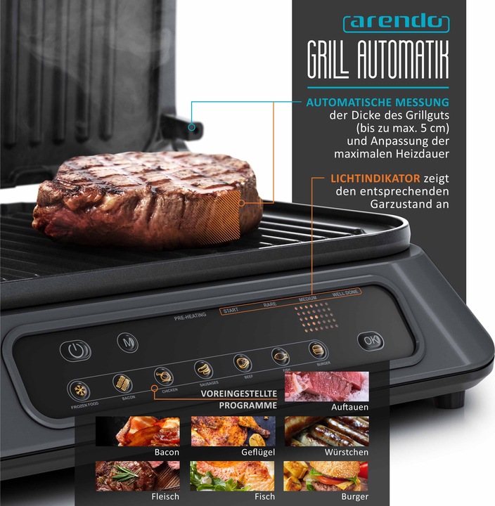 Image du produit Arendo Gril de contact 1900W, contrôle digital, gril de table, appareil à sandwich, plaques amovibles