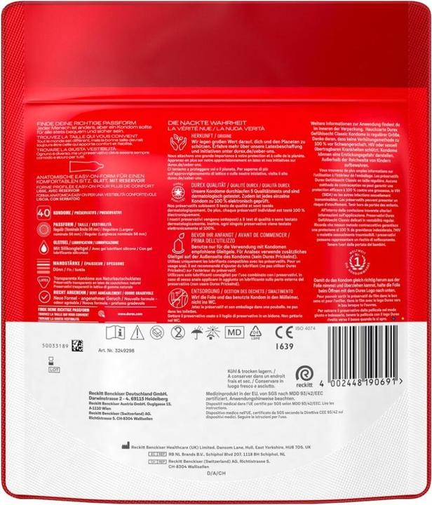 Nutritional values and ingredients Durex Gefühlsecht Classic (40 pcs.)