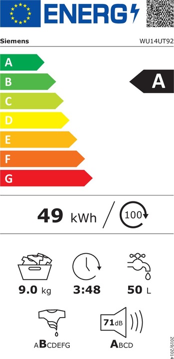 Etichetta energetica Siemens iQ500 WU14UT92 (9 kg, A sinistra, Versione UE)