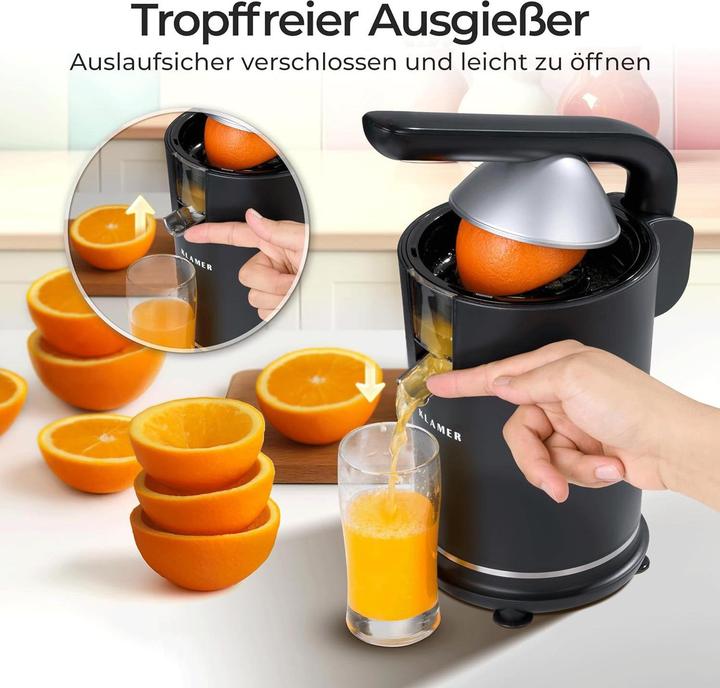 Produktbild KLAMER Saftpresse elektrisch mit zwei Presskegeln – Zitruspresse für Orangen, Zitronen, Limette…
