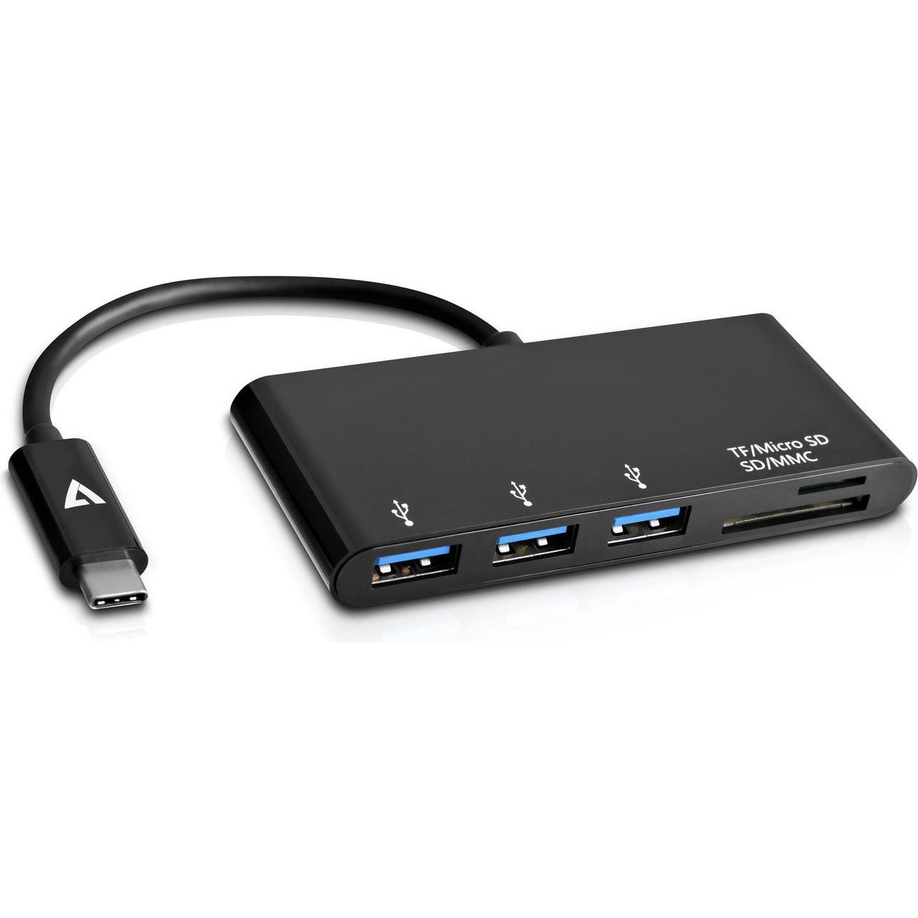 V7 V7UC3U-HUB-BLK-1E (USB-C, 3 Ports), Dockingstation + USB Hub, Schwarz