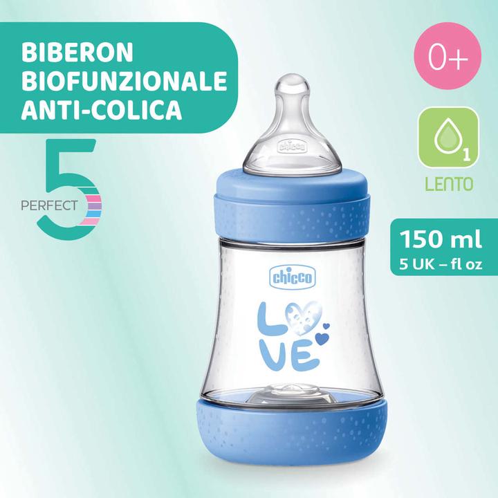 Actual product image Chicco Babyfläschchen PERFECT5 PP 150ml Sauger Silikon langsamer Fluss DRAFT BLUE 0m+ (150 ml)