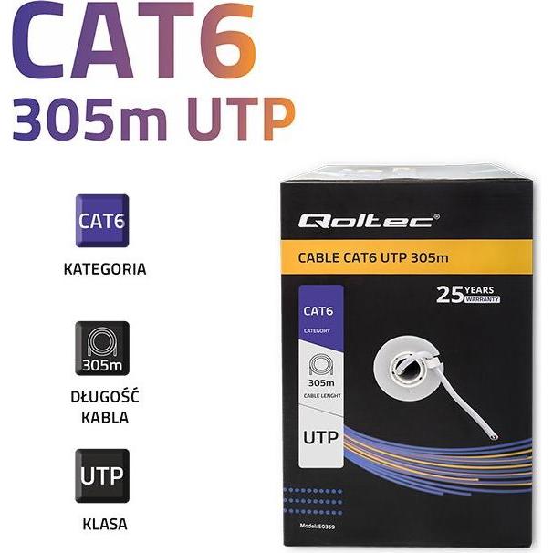 Thumbnail - Qoltec 50359 UTP-Netzwerkkabel CAT6 305 m PVC grau (UTP, CAT6, 305 m), Netzwerkkabel