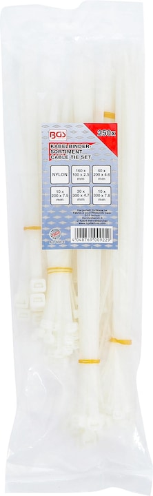 Image du produit BGS Assortiment de colliers plastique blanc diverses tailles 250 pièces (Serre-câbles en plastique, 250 mm, 250 pcs)