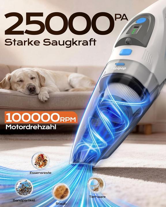 Produktbild Topipop Akku Handstaubsauger GV09D inkl. LED-Licht, 3 Aufsätzen und Ladestation