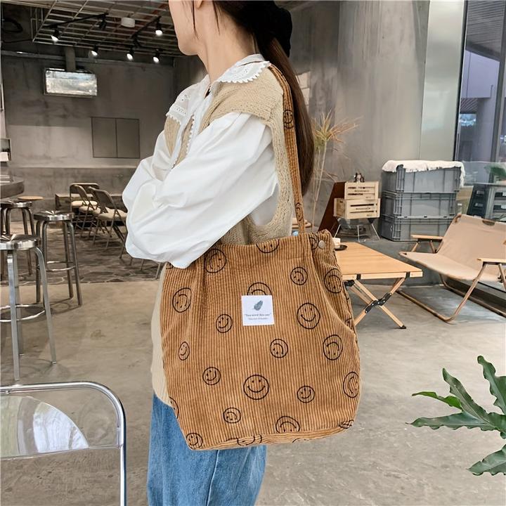 Actual product image Only-Bags.Store Retro Corduroy Tote Bag, Smiling Face Print Shoulder Bag, Simple Handbag for School