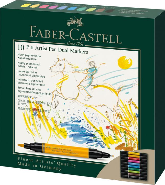 Produktbild Faber-Castell Tuschestift (#120 Ultramarine, #125 Middle Purple Pink, #175 Dark Sepia & #199 Black, #107 Cadmium Yellow, #219 Deep Scarlet Red, #109 Dark Chrome Yellow, #170 May Green, 10 x)