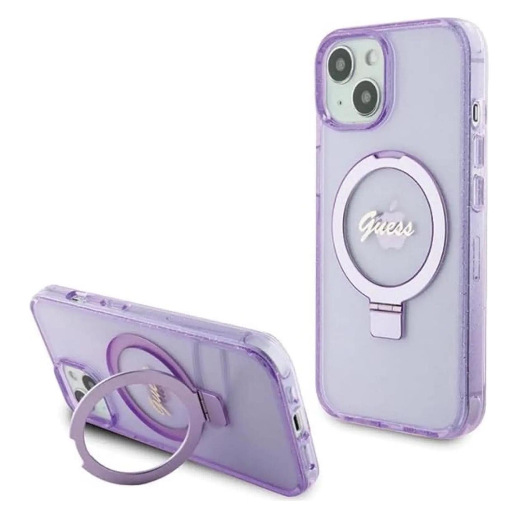 Guess GUHMP15MHRSGSU IPhone 15 Plus 6.7" Fioletowy/purple Hardcase Ring Stand Script Glitter MagSafe (Apple IPhone 15 Plus), Smartphone Hülle,