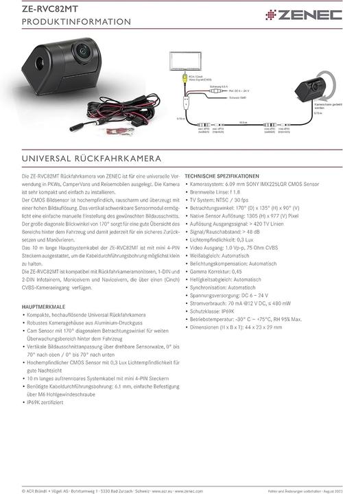 Actual product image Zenec Compact universal reversing camera with swivel head and 170° view angle
