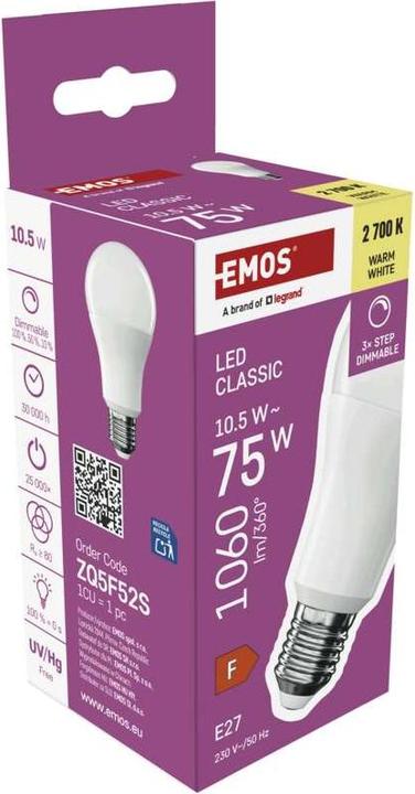 Produktbild Emos LED Lampe Classic A60 / E27 / 10,5 W (75 W) / 1 060 lm / Warmweiss / Stufendimmung (E27, 1060 lm, 1x)