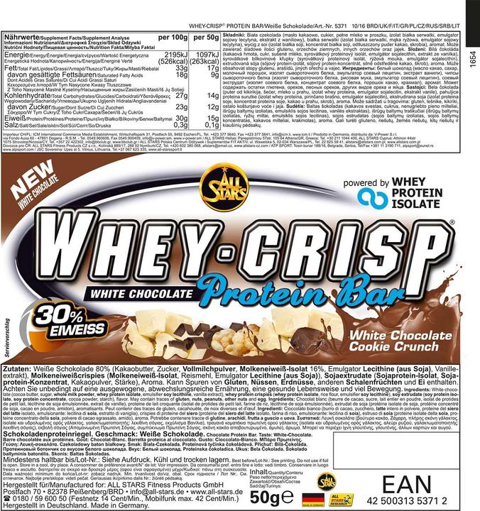 Produktbild All Stars Whey Crisp Protein Bar (Weisse Schokolade, 1 Stk., 50 g)