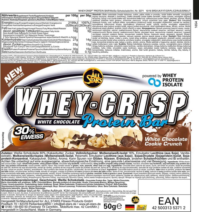 Produktbild All Stars Whey Crisp Protein Bar (Weisse Schokolade, 1 Stk., 50 g)