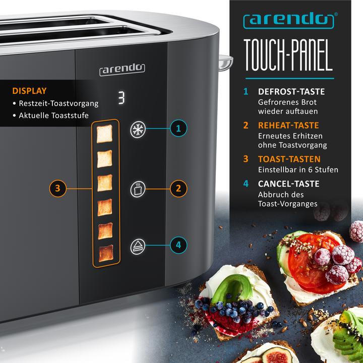 Image du produit Arendo Toaster Edelstahl 4 Scheiben Langschlitz, Touch Display, Bräunungsgrad & Restzeitanzeige, 1500 W