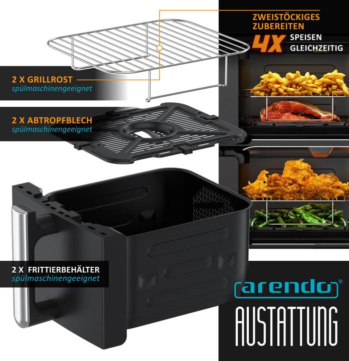 Produktbild Arendo Heissluftfritteuse, 2 Kammern Übereinander, XXL Doppelkammer Airfryer 11 L, Dual Zone, 2400 W