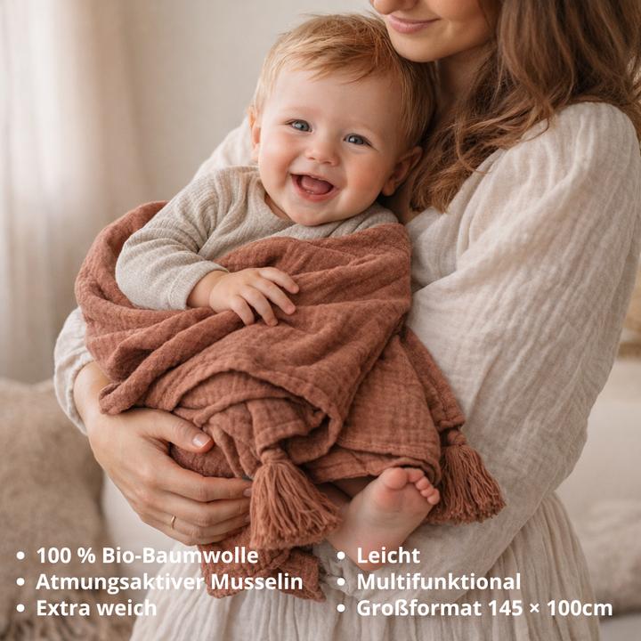 Actual product image Beberotti Orgaic Muslin Tasseled Throw Blanket (145 x 100 cm)