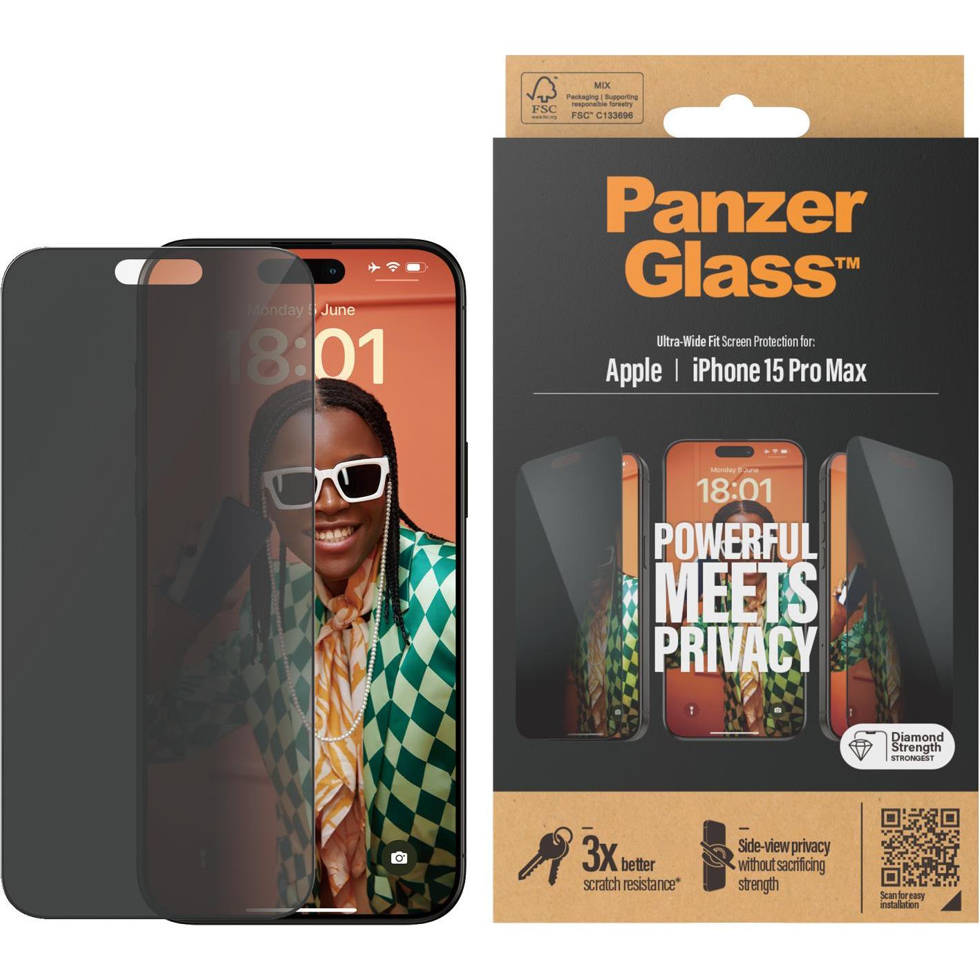 PanzerGlass Privacy Screen Protector Ultra-Wide Fit (1 Stück, Apple iPhone 15 Pro Max), Smartphone Schutzfolie, Transpar...