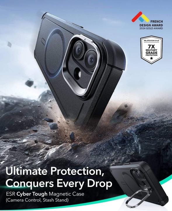 Actual product image ESR Cyber Tough Magnetic Case (Camera Control, Stash Stand), for iPhone 17, Black (Apple iPhone 17)