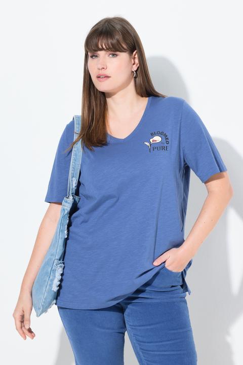 Image du produit Ulla Popken T-shirt en coton bio, motif fleur devant et derrière, décolleté en V et manches courtes (56)