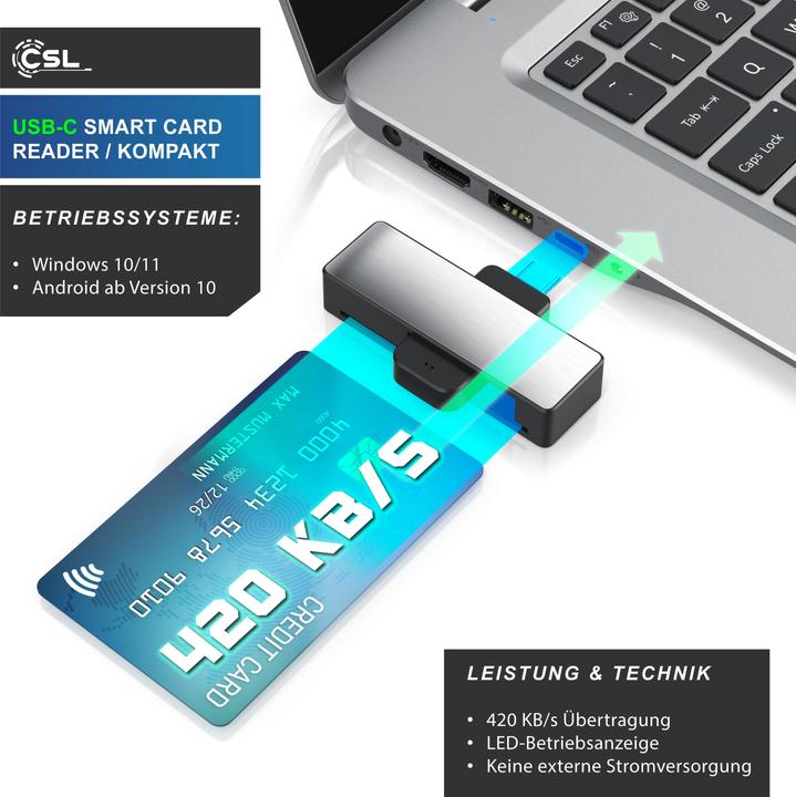 Produktbild CSL Chipkartenleser und Schreiber, USB Typ C Smart Card Reader, ISO 7816, MacOS, Win 10–11, Android (USB-C)