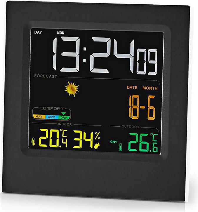 Actual product image Nedis Weather Station Clock Colour Disp. Alarm clock Hygrom 1Outdoor sensor bw-ws WEST404BK