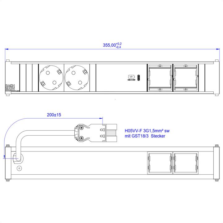 Actual product image Bachmann CONI 2xCEE7/3 1xUSB C 60W earthing contact GST18 plug (3x, CEE 7/3)