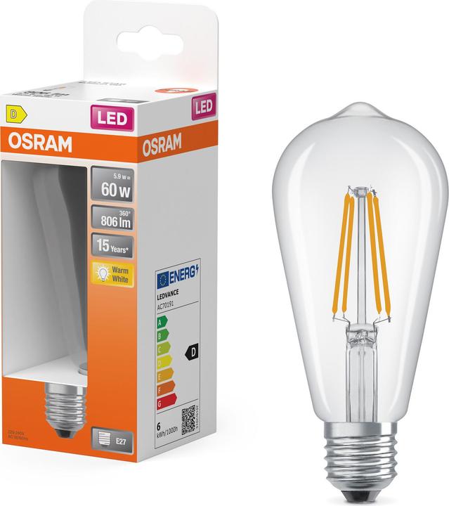 Immagine prodotto Osram LED Leuchtmittel LED Retrofit CLASSIC ST 5.9W 827 Clear E27 Warm weiss 4099854468179 (E27, 806 lm, 6x)