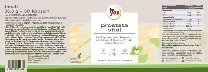 Valori nutrizionali e ingredienti For You prostata vitale (60 Pezzo/i, Pillole, 44.50 g)