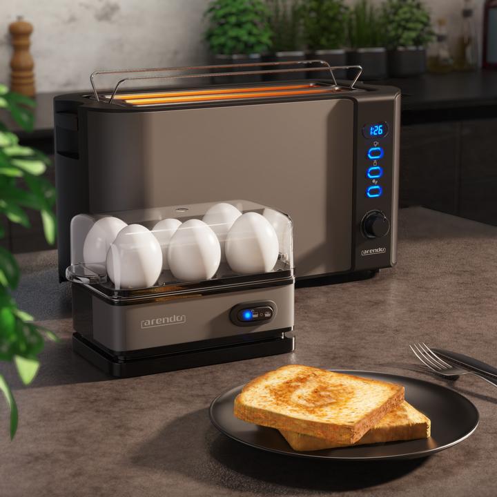 Produktbild Arendo Frühstücks Set, 4-Scheiben Langschlitz Toaster mit Brötchenaufsatz & Eierkocher für 6 Eier, Grau