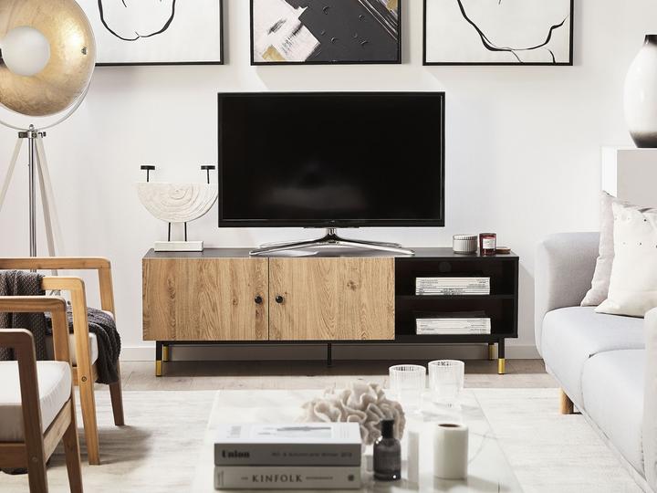 Image du produit Beliani Meuble TV noir avec bois clair ABILEN (150 x 40 x 48 cm)