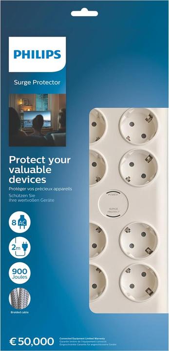 Immagine prodotto Philips Protettore di sovratensioni SPN7080WA/58, 8 prese, cavo di alimentazione, 900 joule di protezione (8 x, CEE 7/3, 2 m)