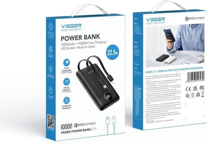 Actual product image Veger C11 VG-W1170 PowerBank 10000mAh smallest PD20W with cables bulit-in (10000 mAh, 22.50 W, 38.50 Wh)