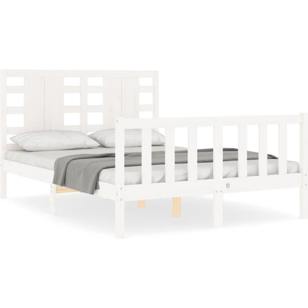 VidaXL, Bett, Massivholzbett mit Kopfteil Weiss 4FT6 Double (135 x 190 cm)
