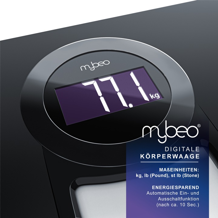 Produktbild Mybeo Digitale Körperwaage, Badezimmer Waage mit 6 mm Sicherheitsglas, Glas Personenwaage mit LCD Anzeige (150 kg)