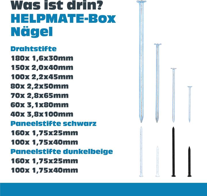 Nährwerte und Zutaten Helpmate Nagel Set, gehärteter Stahl, 1200 Stück (1200 Stück, 100 mm)