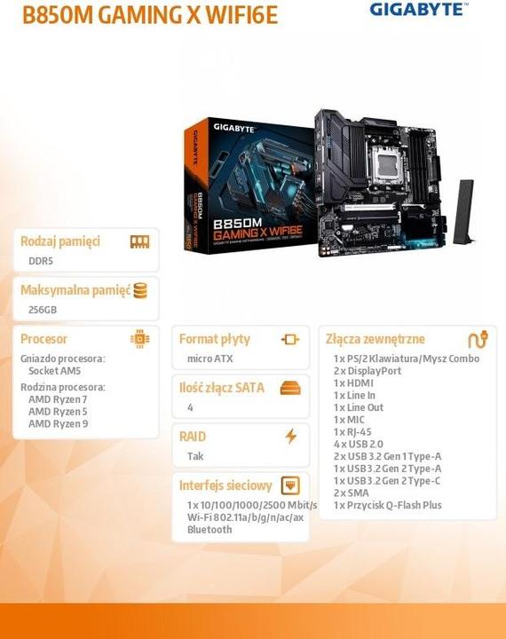 Image du produit Gigabyte B850M Gaming X WIFI6E (AM5, AMD B850, mATX)