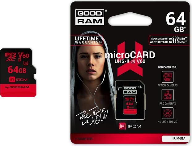 Produktbild Goodram IRDM MicroSD (SecureDigital) 64GB SDXC, Class 10, UHS-II U3, V60 + adapter (64 GB, SDXC, U3, UHS-II)